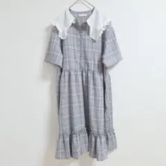 W♡C チェック柄 ワンピース フリーサイズ 半袖 大きめ襟 フリル ガーリー