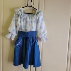 美品　メゾピアノジュニア 花柄オフショルダー&デニムスカートワンピース