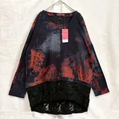 タグ付◆極美品 ドゥープラスパリ 総柄 レース切替 チュニック 長袖 赤 黒 Mのサムネイル