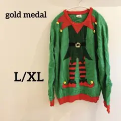 gold medal【L/XL】エルフデザイン ニットセーター 緑 赤