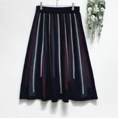 ニットフレアスカート☆Ｌ☆ネイビー系☆ゴムウエスト☆裏地付き☆カジュアル☆暖か