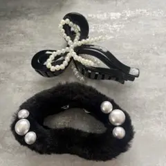 ファーとパールのヘアクリップ２点セット