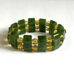 天然石 デザインブレスレット グリーン×イエロー 幅約18mm ゴム仕様