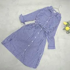 PLST プラステ ストライプシャツワンピース M 青 Wリボン付 きれいめ 春
