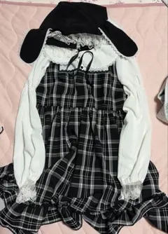 夢展望 チェック柄 うさ耳フード付きワンピース ブラックのサムネイル