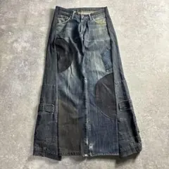 リメイクデニム クロスパッチ フレアパンツ フェード加工 ワイド vol 