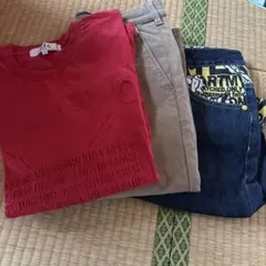 赤いTシャツ、EDWINパンツ、XLデニム短パンセット