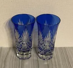 切り子グラス⭐️八角籠目紋様 細長 一口ビールグラス　ブルー　2個セット