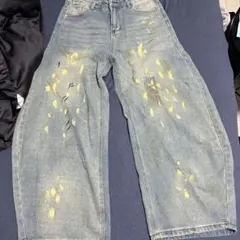 ペイント加工 ワイドレッグデニムパンツ