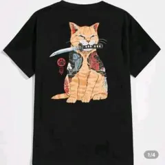 猫のイラスト Tシャツ ブラック　おもしろ　アニマル　黒　ブラック　XL
