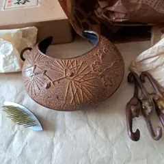 南部盛栄堂 南部鉄器 釣花瓶 三日月 猿猴捉月 猿手2本 箱・栞付き 昭和