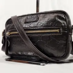 美品 GUCCI ショルダーバッグ GG柄 シマ ロゴプレート レザー
