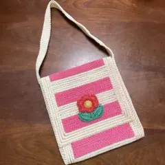 ハンドメイド　花刺繍　ストライプデザインショルダーバッグ