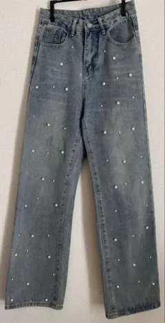トレンド！パール装飾 ハイウエスト ストレートデニムパンツ