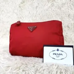 美品 プラダ コスメポーチ 三角ロゴ ナイロン レザー 赤 1N0011 カード