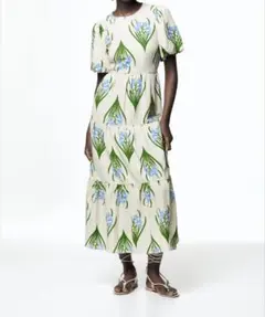 ZARA ボタニカル　背中オープン　ロングティアードワンピース