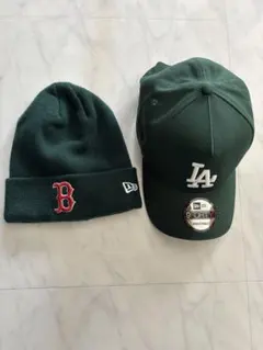 ダークグリーン ニット帽・キャップセット