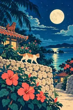 沖縄の月夜と猫 風景画 アートポスター インテリア 絵画 壁掛け おしゃれ