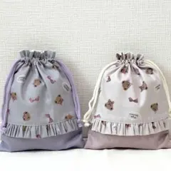 入園入学グッズ　給食袋　巾着袋　フリル　2点セット　ハンドメイド　くま柄②