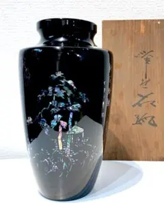 286【山水図　螺鈿細工　花瓶】花入　創作　工芸　茶道具　茶事　花挿し　共箱