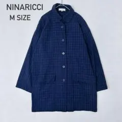 ニナリッチ ウールコート M ネイビー チェック柄 ステンカラー 上品 春 羽織のサムネイル