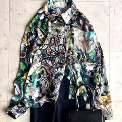 美品 ザラ ペイズリープリントシャツ ブラウス M グリーン系