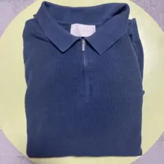 ダークブルー ジッパー付きニットポロシャツ