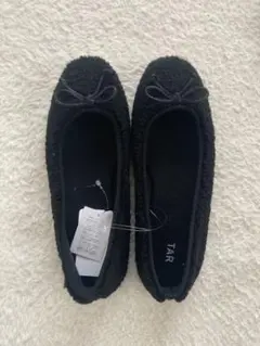 ボア素材 リボン付き バレエシューズ ブラック