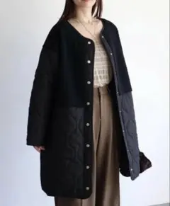 【明日発送】新品 軽量ボア×キルティング切替 ジャケット ロングコート/ブラック