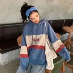 韓国 レディース 配色 長袖 フード パーカー ボーダー ブルー系