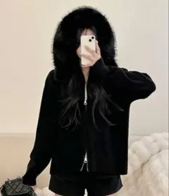SHEIN ファー付きニットパーカー ブラック Lサイズ