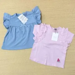 【タグ付き新品未使用】半袖Tシャツ2枚セット　無地ペプラム　スイカ刺繍フリルのサムネイル