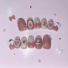 ピンク マグネット ネイルチップ 韓国ネイル ハート ワンホン 量産型 春ネイル