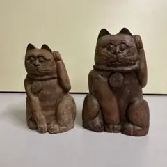 E-4昭和レトロ 招き猫 木製 置物 木彫り縁起物 2点セット 古道具 オブジェ