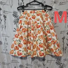 385 オレンジバラ柄フレアスカート