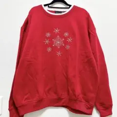 029 雪 結晶 刺繍 トレーナー スウェット 古着 赤 レッド 冬服