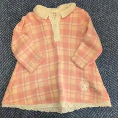 ウサギ刺繍付きピンクチェックワンピース