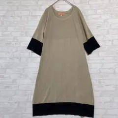 【スーナウーナ】ベージュ ニット 5分袖ひざ丈ワンピース M a3391