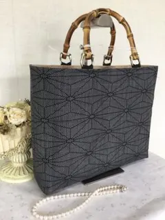 ハンドメイド 大島紬 × 本革 着物リメイク トートバッグ 和装バッグ 花