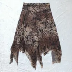 葉 アシンメトリー ダンス 透け感 茶 リーフ シフォン メッシュ スカート