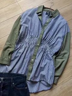 オススメ　オシャレ　ZARA ザラ　ブラウス　シャツ　ストライプ　カーキ