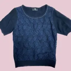 ネイビー　OL 半袖　ニット　半袖ニット　トップス