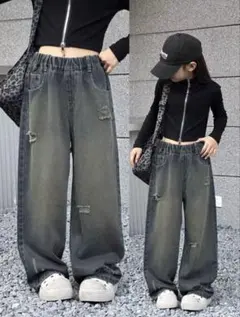 SHEIN キッズ ワイドレッグ デニムパンツ ダメージ加工 9Yのサムネイル