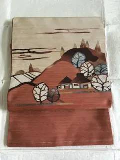 正絹　希少品　爪掻き綴れ　八寸名古屋帯　可愛い風景画