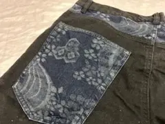 雅結　ビッグサイズ　XXL 和柄　ブラックデニム　ハーフパンツ　ショート　綿