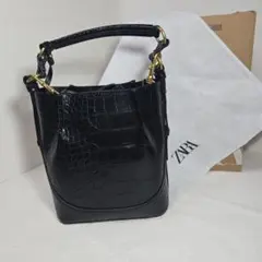 ZARA クロコダイル風 ブラックバケットバッグ