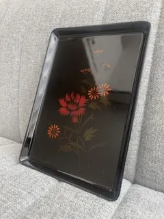 漆器風 お盆 トレー 黒塗り 花柄 昭和レトロ 上品 長方形