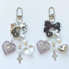 ビーズキーホルダー コレクトブック 黒シルバー 韓国y2k リボンハート2点