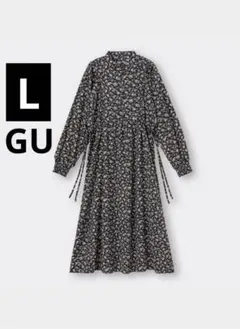 GU 長袖フラワープリントボリュームスリーブワンピース　L ブラック　リボンのサムネイル