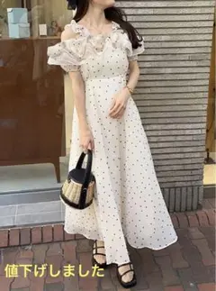 グレイル　ホワイトドット柄フリルロングワンピース Mサイズ